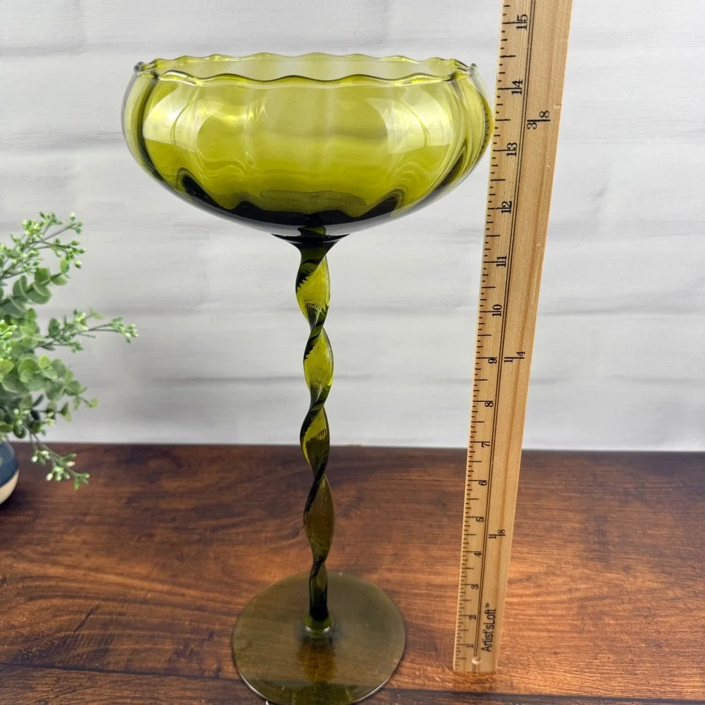 Empoli Italy Olive Green Glass Tall Compote Twisted Stem Pedestal Bowl